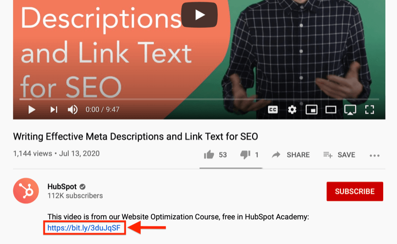 snimka zaslona s YouTubea koja ističe ponudu za hvatanje olova u opisu videozapisa s tečaja za optimizaciju web mjesta