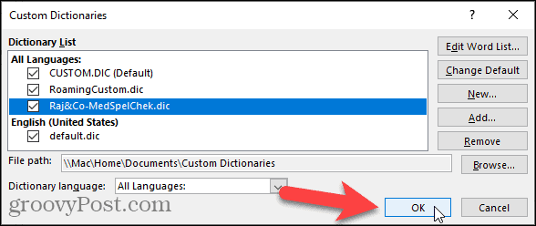 Zatvorite dijaloški okvir za prilagođene rječnike u programu Word