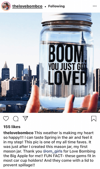 instagram post korisnika @thelovebombco koji prikazuje korisnički generirani sadržaj njihovog proizvoda koji se nalazi u New Yorku