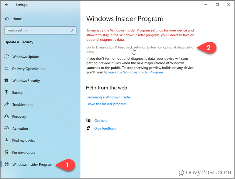 Idite na postavke dijagnostike i povratnih informacija sustava Windows 10