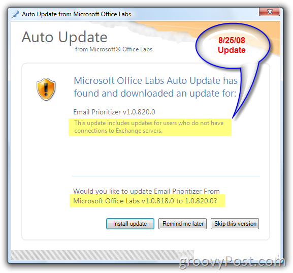 Microsoft Office Labs Auto Update Snimka zaslona:: groovyPost.com