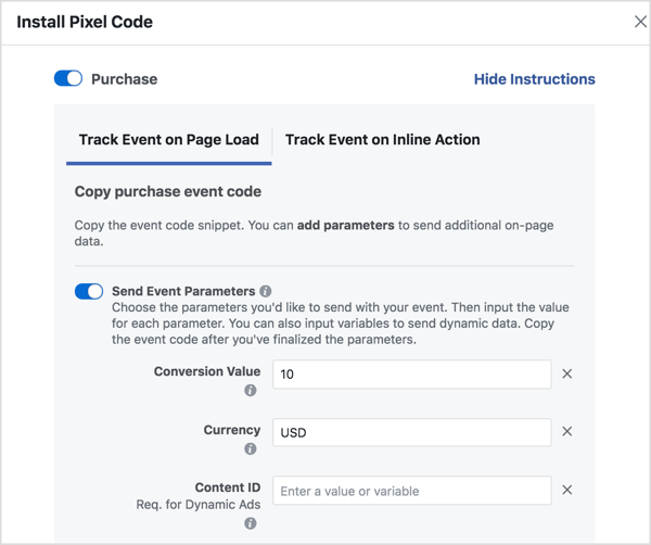 Postavite parametre za generiranje Facebook koda događaja koji vam treba.