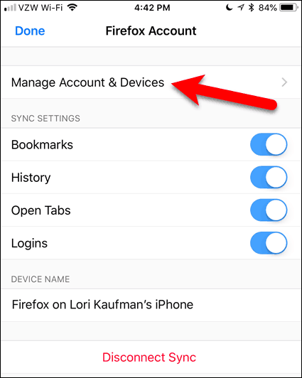 Dodirnite Upravljanje računom i uređajima u Firefoxu za iOS