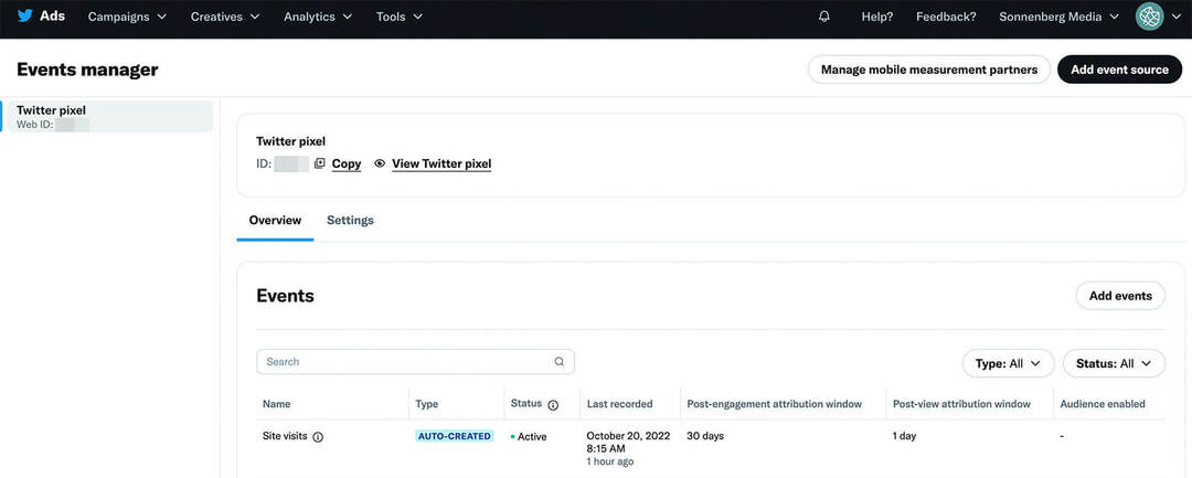 how-to-verify-your-twitter-pixel-events-manager-overview-tab-automaticly-creates-two-default-events-site-visits-and-landing-page-views-example-6