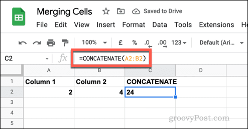 Primjer jednostavne formule CONCATENATE u Google tablicama