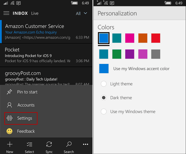 Aplikacija Outlook Mail and Calendar na Windows 10 Mobile dobitku tamne teme