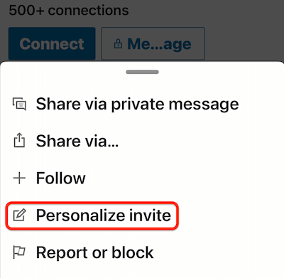 linkedin mobile profile više... izbornik s istaknutom opcijom 'personaliziraj pozivnicu'