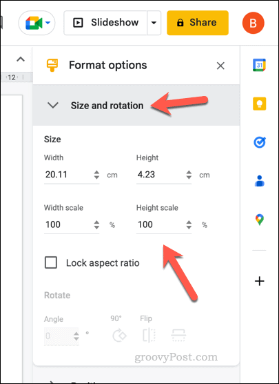 Opcije veličine za tablicu Google slajdova