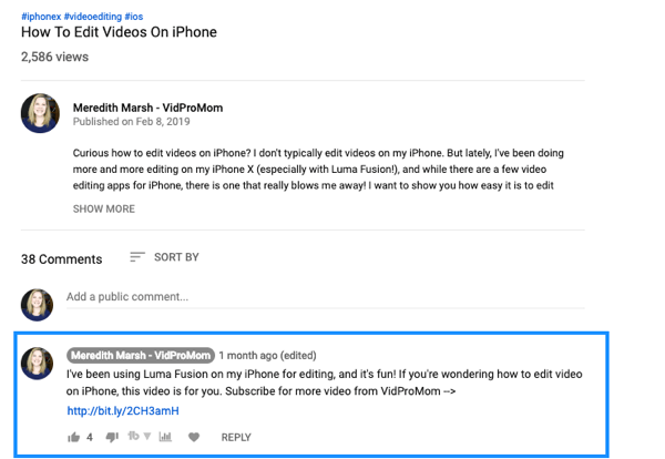 Kako koristiti video seriju za rast YouTube kanala, primjer prikvačenog YouTube video komentara s vezom Meredith Marsh