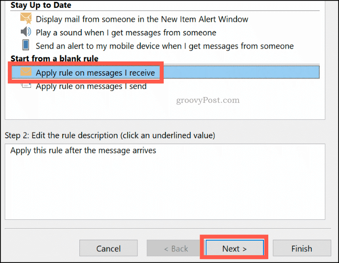 Izrada praznog pravila u programu Outlook