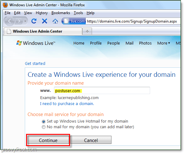 navedite svoje ime domene za Windows Live