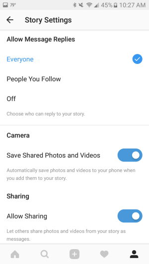 Upotrijebite postavke za automatsko spremanje fotografija i videozapisa koje dodate u priču na pametni telefon