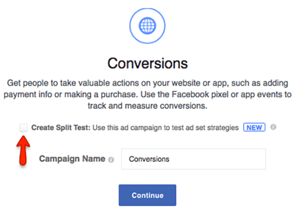 Označite okvir da biste stvorili podijeljeni test za svoju Facebook kampanju.