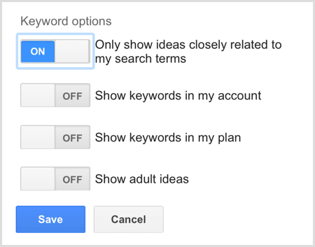Opcije pretraživanja ključnih riječi Google AdWords planera ključnih riječi