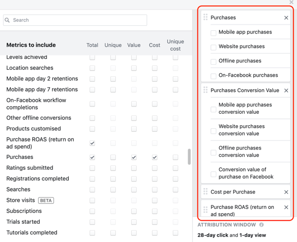 Primjer željenih mjernih podataka za treći stupac prozora za stvaranje izvješća u Facebook Ads Manageru.