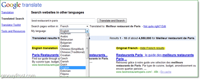 tražite internetske stranice na različitim jezicima i čitajte ih na vlastitom jeziku koristeći prevedeni serach s Googlea
