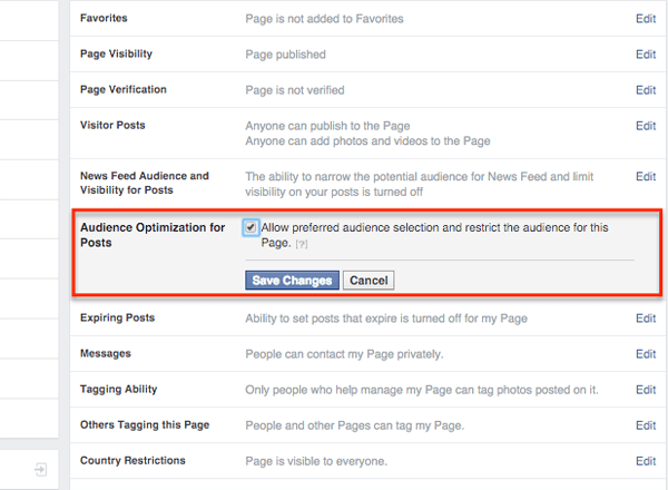 facebook optimizacija publike za postavke postova na