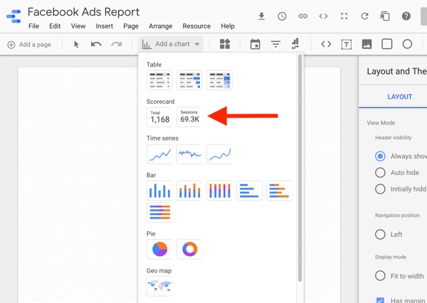 Koristite Google Data Studio za analizu vaših Facebook oglasa, korak 8, opcija za odabir tablice rezultata u Google Data Studiou