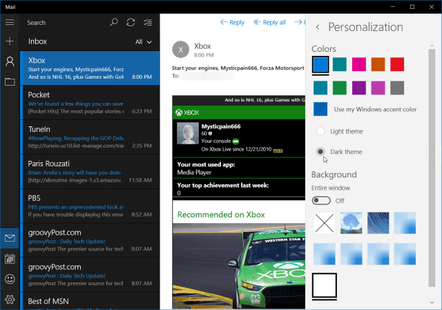 Mračna tema sustava Windows 10 Mail
