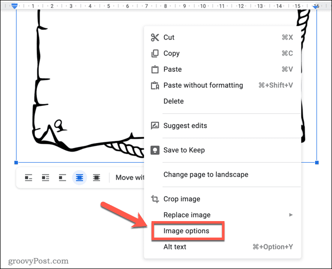 Otvaranje izbornika opcija slike u Google dokumentima