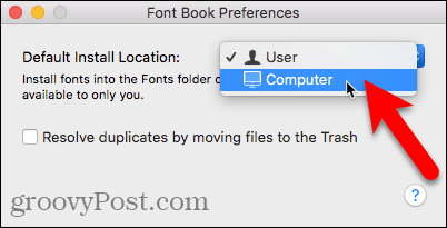 Odaberite Računalo kao zadanu instalaciju u Knjizi fontova