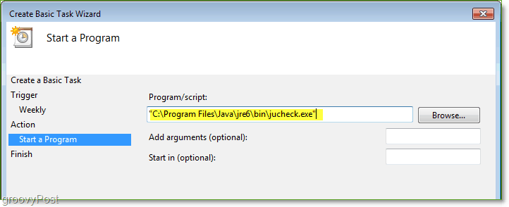 Slika zaslona: Windows 7 Task Scheduler Kreirajte osnovnu putanju zadatka Jucheck.exe