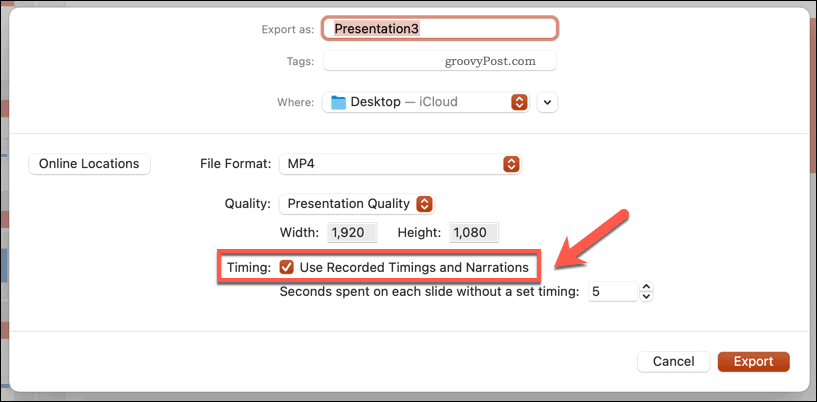 Korištenje snimljenih vremena za izvezeni videozapis u programu PowerPoint na Macu