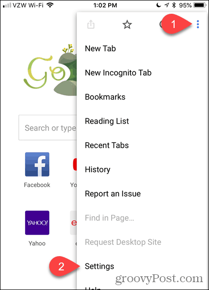 Dodirnite gumb izbornika, a zatim Dodirnite Postavke u Chromeu za iOS