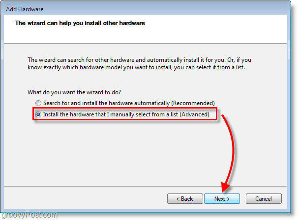 Zaslon za umrežavanje sustava Windows 7 - kliknite instaliraj hardver koji ručno odaberete popis formata (Napredno)
