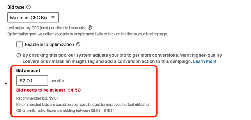 snimak ekrana poruke u crvenoj boji u kojoj stoji: "Ponuda za LinkedIn mora biti najmanje 4,50 USD"