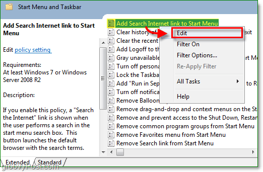 kliknite internetsku vezu za dodavanje pretraživanja za pokretanje izbornika, a zatim kliknite kontekstni izbornik u kontekstnom izborniku Windows 7 desnom tipkom miša
