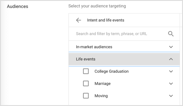 Google Adwords publika koja cilja životne događaje