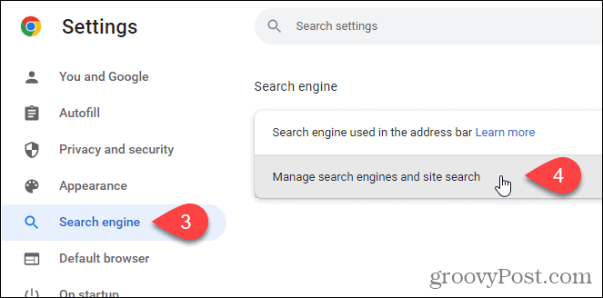 Kliknite Upravljanje tražilicama i pretraživanjem web mjesta na zaslonu tražilice u Chromeu