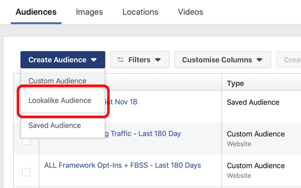 Mogućnost stvaranja Facebook slične publike u odjeljku Stvaranje publike u Facebook Ads Manageru.