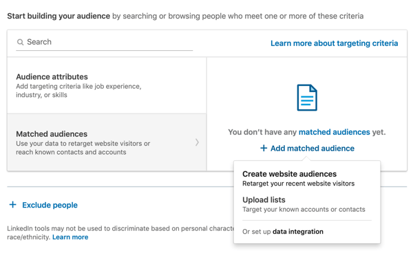 Kako izraditi LinkedIn tekstualni oglas, korak 6, započnite izgradnju svoje publike, opcija podudarne publike