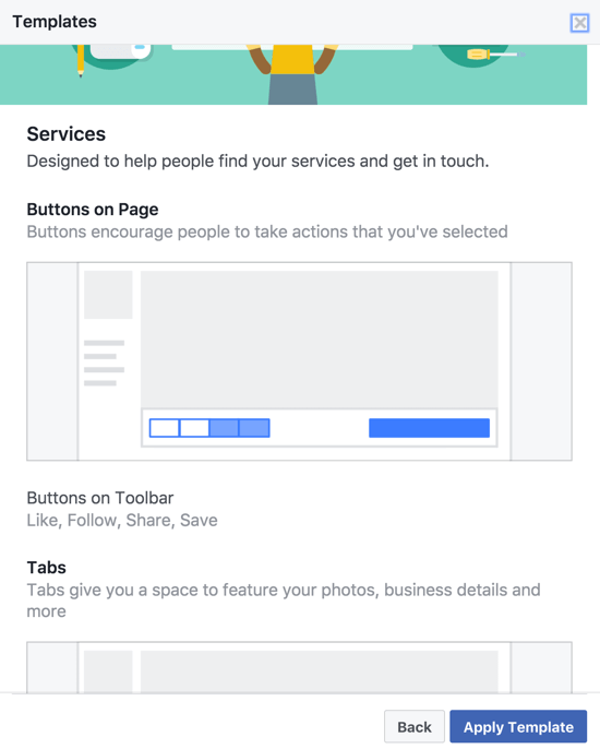 Različiti predlošci Facebook stranica imaju različite CTA-ove, gumbe na alatnoj traci i kartice posebno odabrane i organizirane za vrstu posla.
