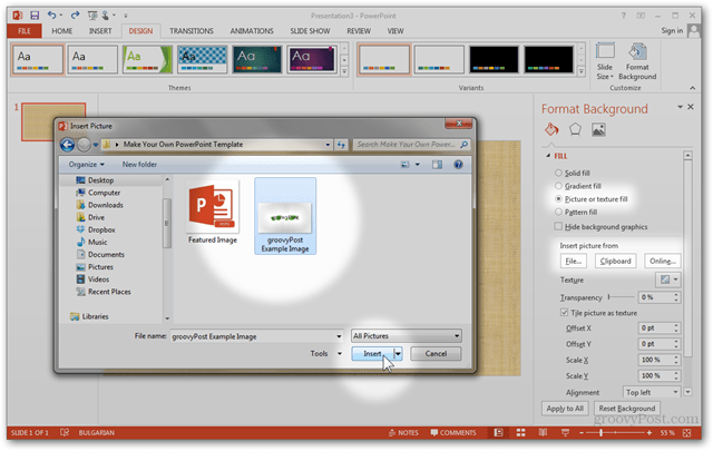 Predložak Office 2013 Stvaranje Izrada prilagođenog dizajna POTX Prilagodba Vodič za dijapozitive Kako slikati teksturu Popunite uvoz datoteke međuspremnika