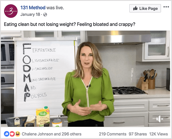 Facebook stranica 131 metoda objavljuje video o čistoj prehrani.