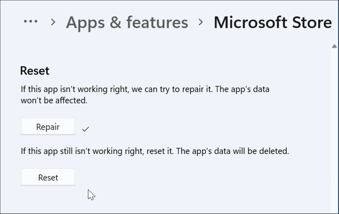 aplikacija za resetiranje ili popravak microsoft store ne radi na Windows 11