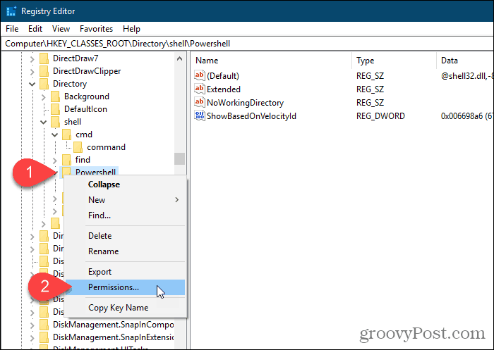 Odaberite Dozvole za ključ Powershell u uređivaču registra sustava Windows