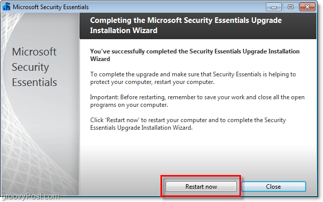 ponovno pokrenite računalo da biste dovršili Microsoftove sigurnosne osnove 2.0 beta instalacije