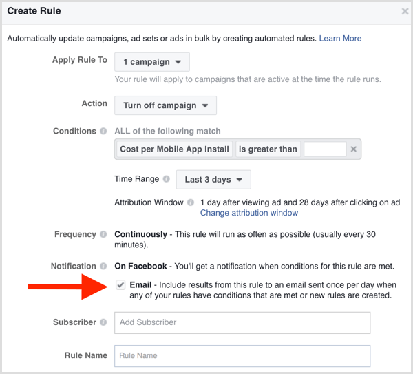 Obavijest e-poštom o automatskom pravilu za Facebook Ads Manager