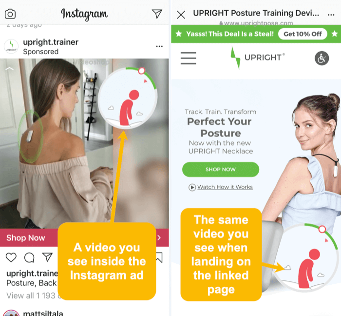 isti video i vizualni elementi u Instagram oglasu i povezanoj odredišnoj stranici