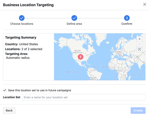 Potvrdite ciljanje skupa lokacija za svoj facebook oglas.