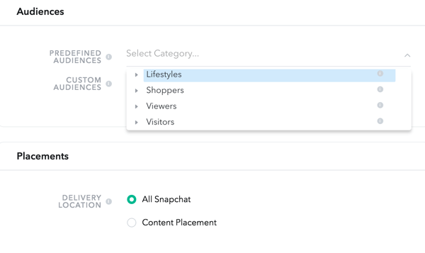 Snapchat vam omogućuje odabir publike iz četiri unaprijed definirane kategorije.