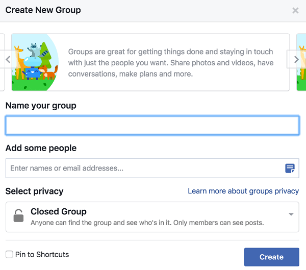 Dajte grupi ime, dodajte ljude i odlučite o postavci privatnosti.