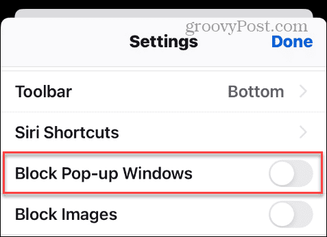 Opcija Block Pop-up Windows u iPhone Firefox postavkama