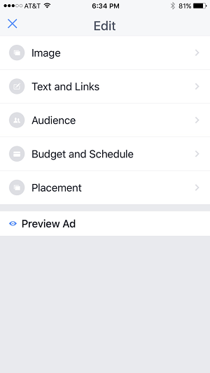 uredi opcije za oglasnu kampanju u aplikaciji facebook pages manager