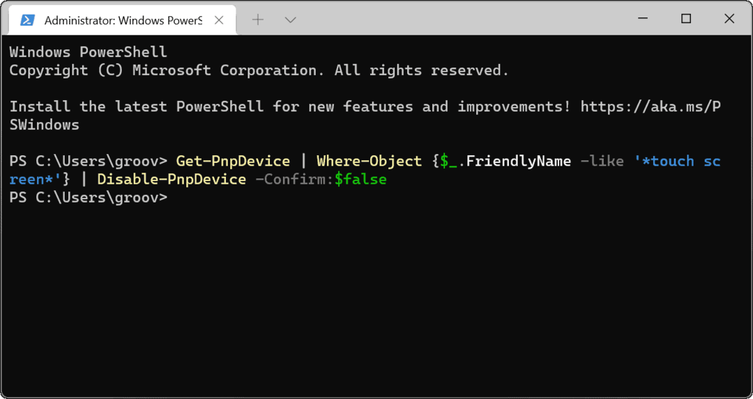 Pokrenite onemogućavanje dodirnog zaslona Windows Terminal admin