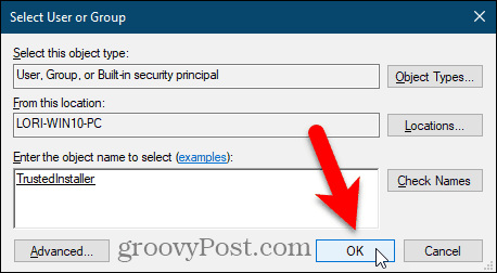 Zatvorite dijaloški okvir Select User ili Group u uređivaču registra sustava Windows